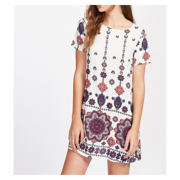 White Short Sleeve Mandala Print Shift Boho Dress - Picture 5 of 5